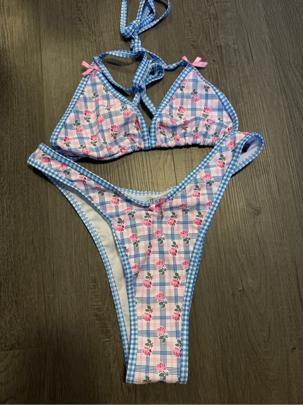 🩵Plaid & Ditsy Floral Halter Bikini Set Pink Blue Gingham Size M